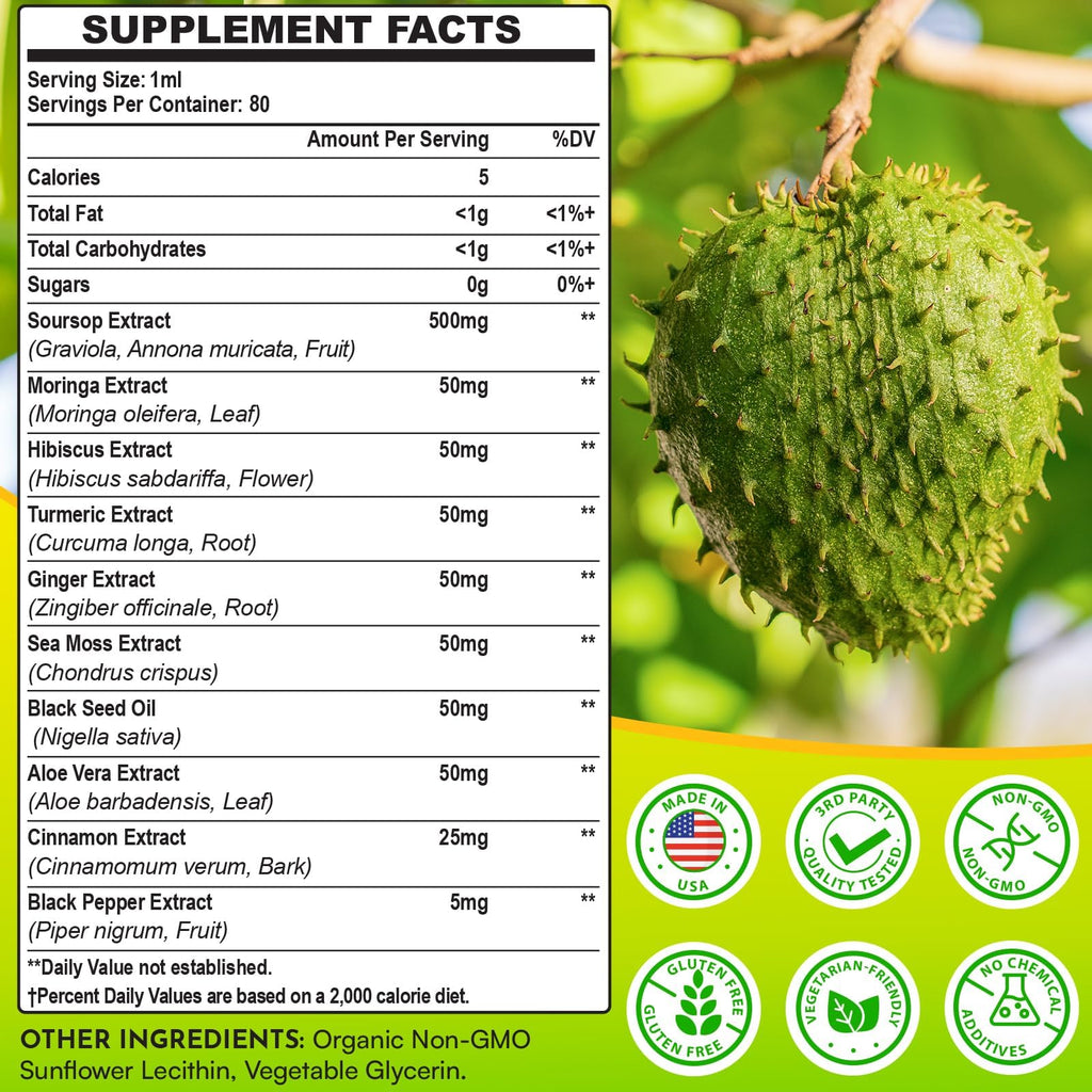 Soursop Bitters Liquid 880MG, Soursop Multivitamin Drops with Leaf Extract & Sea Moss, for Cell Support & Regeneration, Immunity, Liver, Gut, Zzz, Skin & Antioxidant | 5.6 Fl Oz - 160 Days Supply