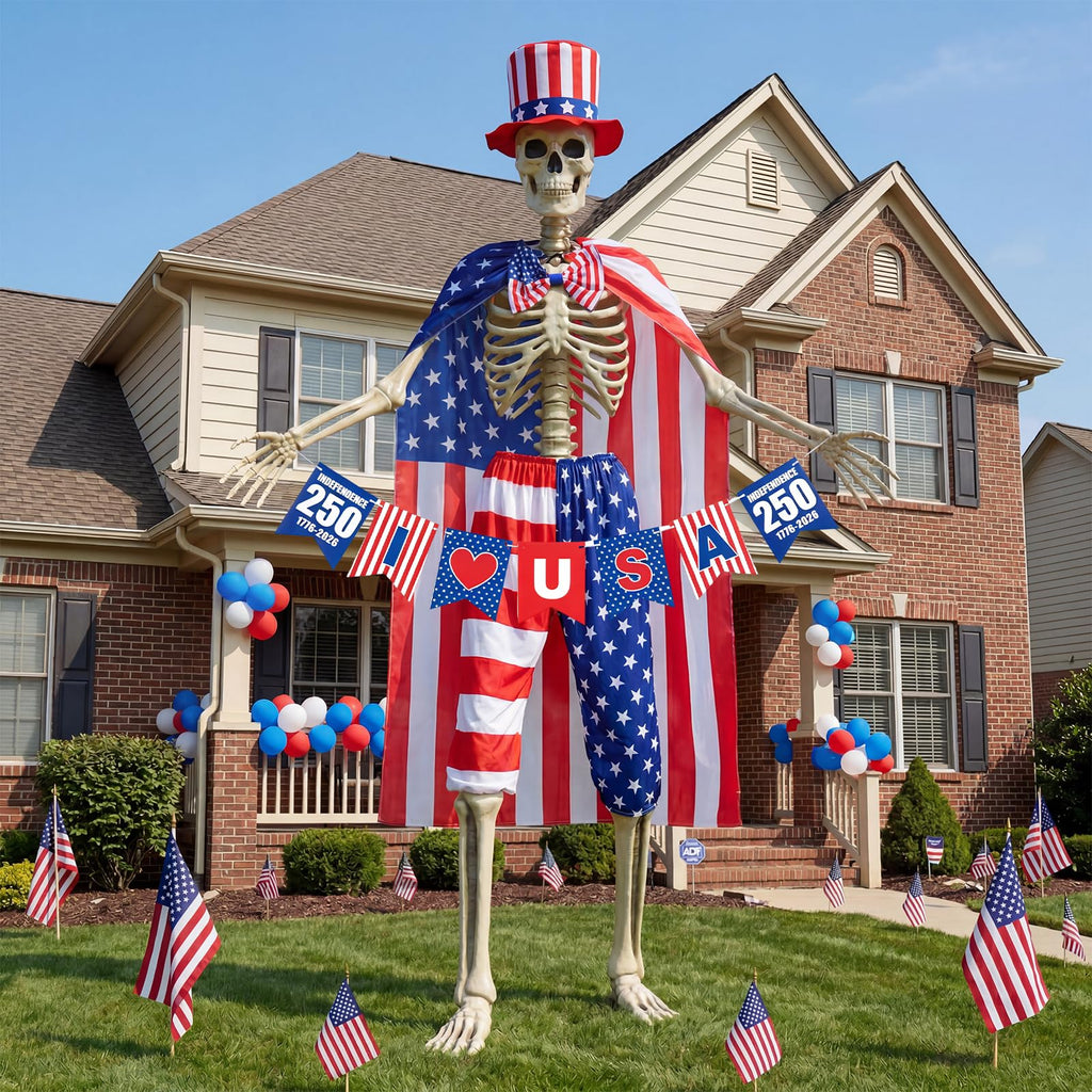 FODAHRWS 5Pcs 4th of July 12 Ft Patriotic Skeleton Clothes Set with Independence Day Hat Cape Shorts Bow Tie Banner Giant Skeleton Outfit for 250th Anniversary Celebration Yard Lawn Garden Decor