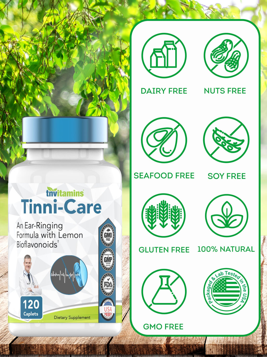tnvitamins Tinni-Care Lemon Bioflavonoid Supplement an Ear Ringing Relief Formula that May Help with Ringing Over Time | 120 Caplets - Vitamins C, B1, B2, B6 & B12