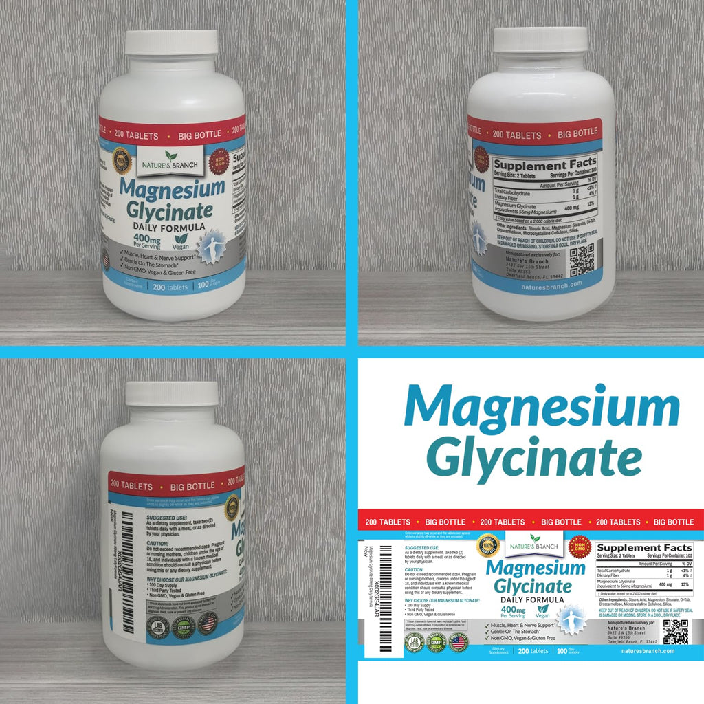 Magnesium Glycinate 400mg | 200 Tablets | High Absorption Mag Supplements for Sleep, Leg Cramps, Heart, Muscle, Calm | Non Buffered Bisglycinate, Extra Strength for Women and Men, Tablets Not Capsules