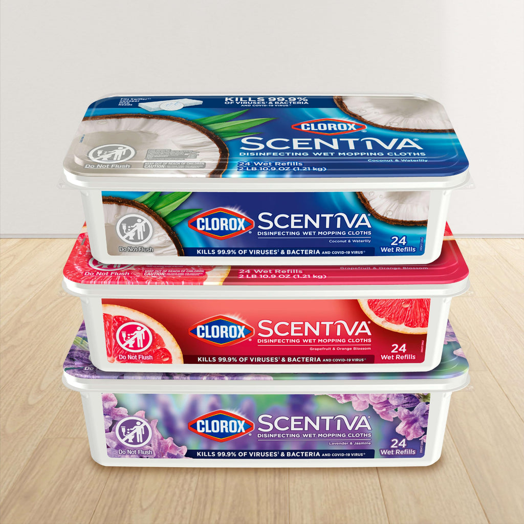 Clorox Scentiva Disinfecting Wet Mop Pad, Disposable Heads, Multi-Surface Floor Wipes, Lavender and Jasmine, 2 Packs, 24 Refills Per Pack (Package May Vary)