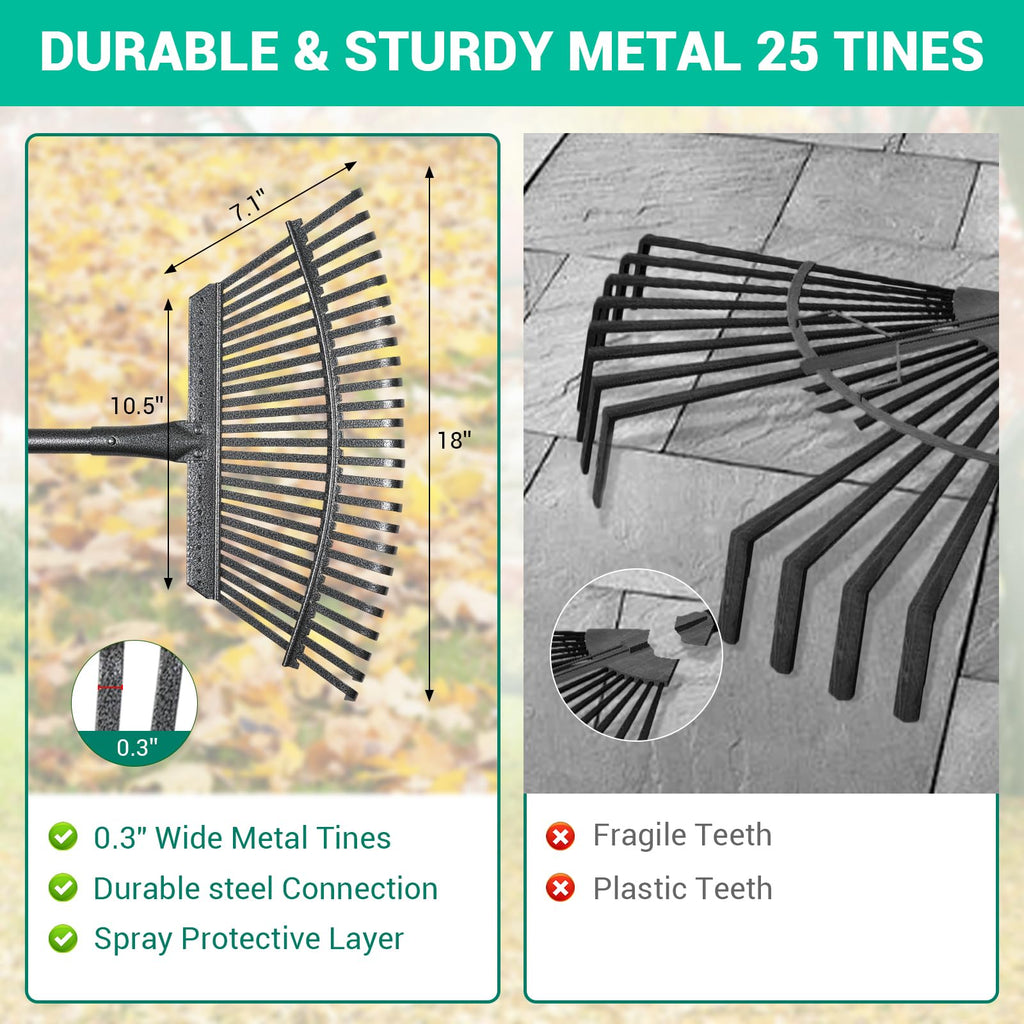 Serqd Adjustable Garden Rake for Leaves 36-73" Long Handle, 18" Wide, Heavy Duty with 25 Metal Tines ，Includes 32Gallon Leaf Bags，Designed for Lawns, Grass, Shrubs ，Flower Beds