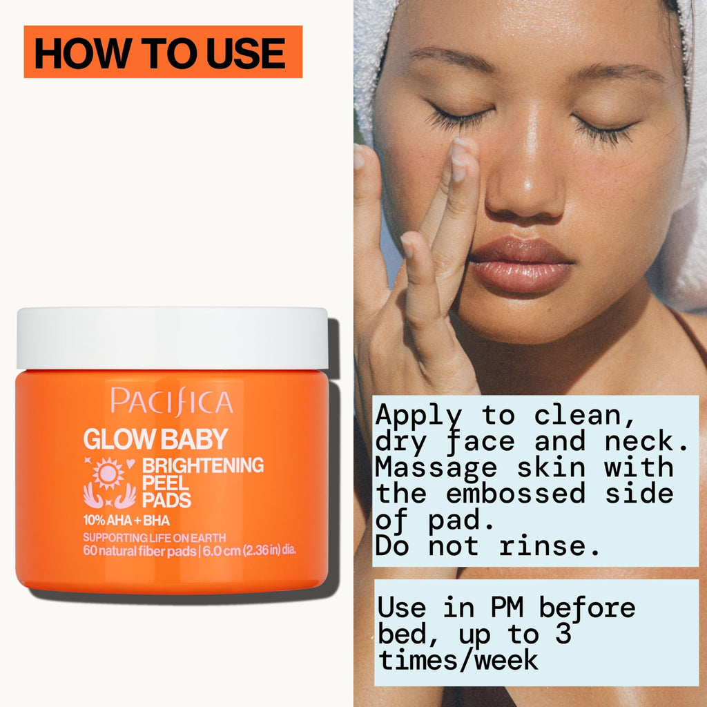 Pacifica Glow Baby Brightening Peel Pads 10% AHA + BHA Exfoliating Face Pads for Glowing Skin Resurfacing Glycolic Acid & Salicylic Acid Pad to Smooth Texture & Minimize Pores Fragrance Free 60 Count