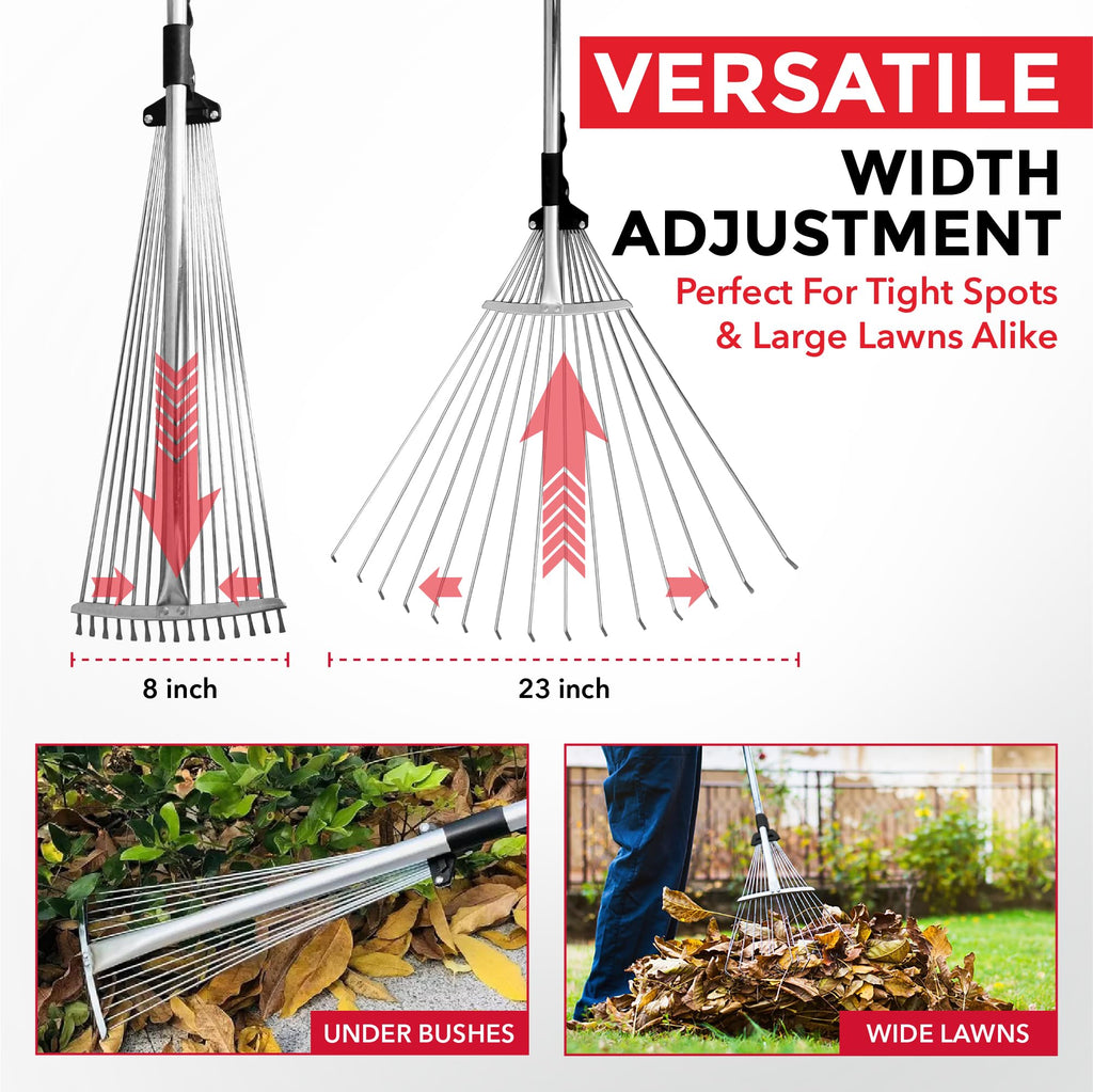 J16A Adjustable Metal Leaf Rake with Expandable Head 8-23", Collapsible & Telescopic Grass Rake for Lawns, Garden & Yard, Ideal for Leaves, Shrubs & Small Areas