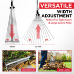J16A Adjustable Metal Leaf Rake with Expandable Head 8-23", Collapsible & Telescopic Grass Rake for Lawns, Garden & Yard, Ideal for Leaves, Shrubs & Small Areas