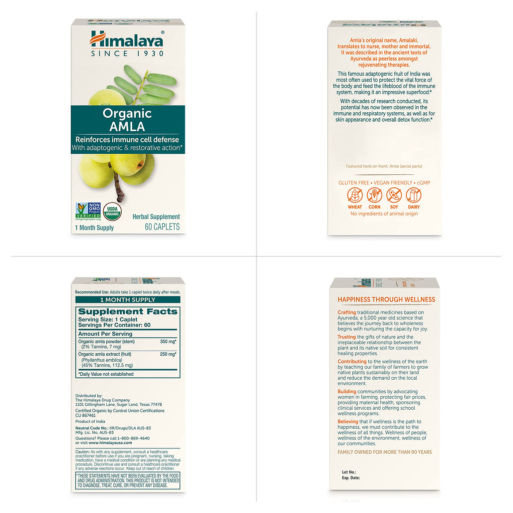 Himalaya Organic Amla - Herbal Immune Support Supplement with Adaptogen and Antioxidant - USDA Organic, Vegan, Non-GMO, Gluten Free, 600 mg, 60 Caplets
