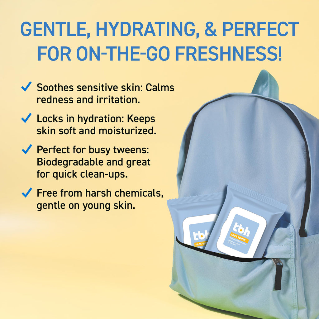 TBH Kids Gentle Face Wipes – Daily Cleansing & Hydrating Wipes for Preteens & Teens – Soothing Chamomile & Calendula – Sulfate & Paraben-Free – 30 Count (Pack of 2)
