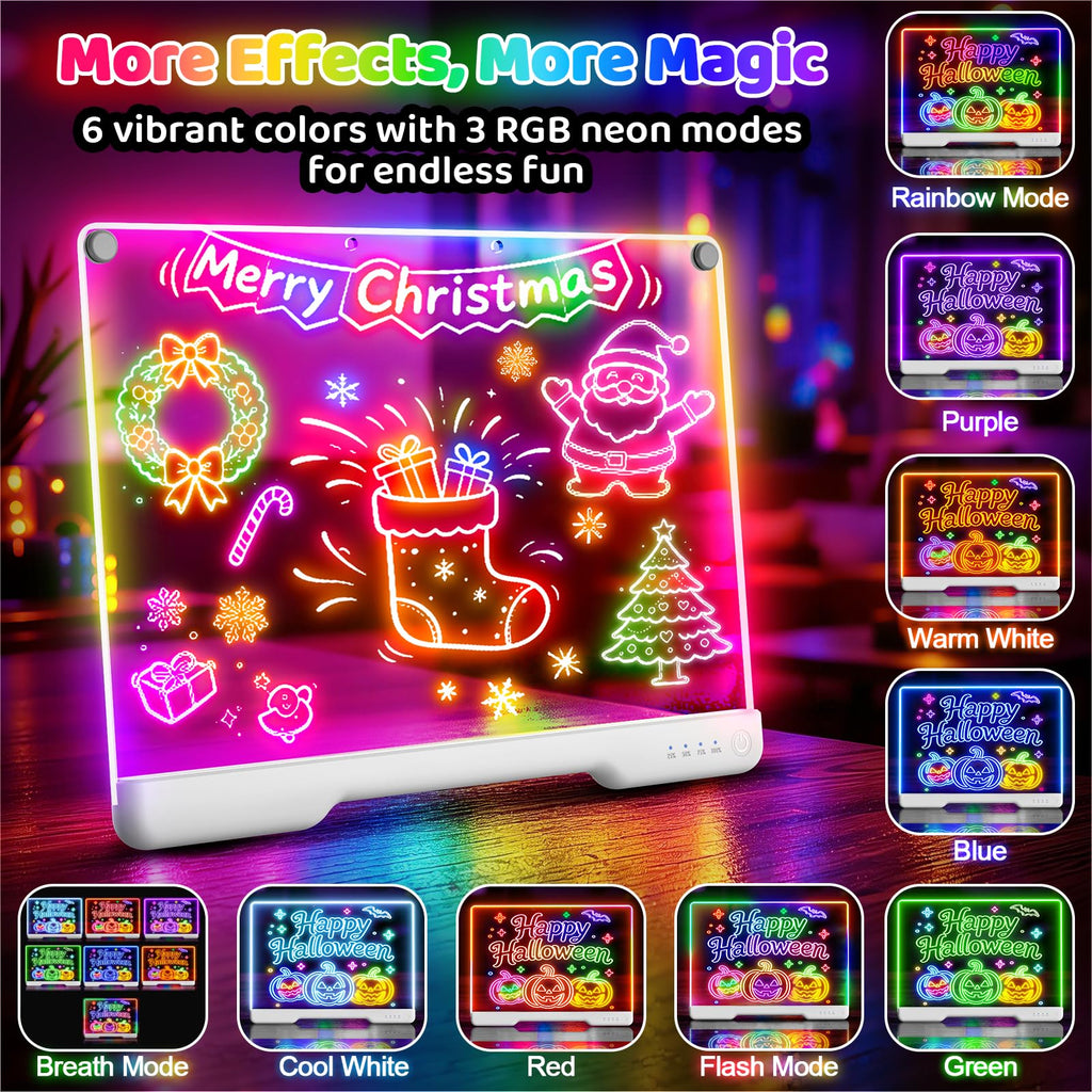 LED Drawing Board with 9 Light Effects, Rechargeable 16" Glow Doodle Note Message Board with Colors, Neon Light Up Drawing Pad Gift Ideas for Kids, Birthday, Christmas with Markers & Tracing Book