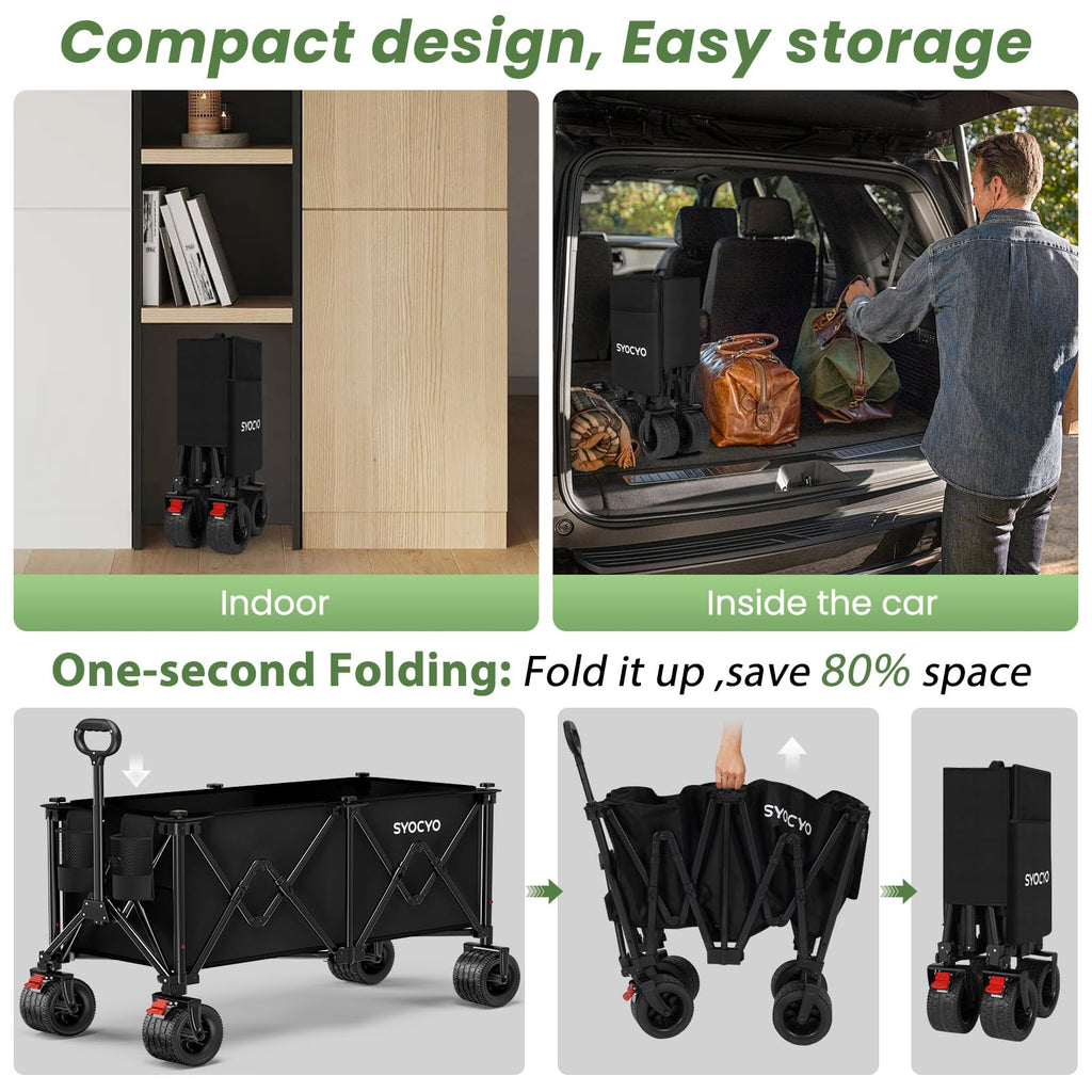 Beach Wagon Carts Foldable 580LBS Collapsible Wagon with Big All-Terrain Wheels for Sand 340L Heavy Duty Utility Carts with Cup Holders for Garden, Camping, Grocery, Black