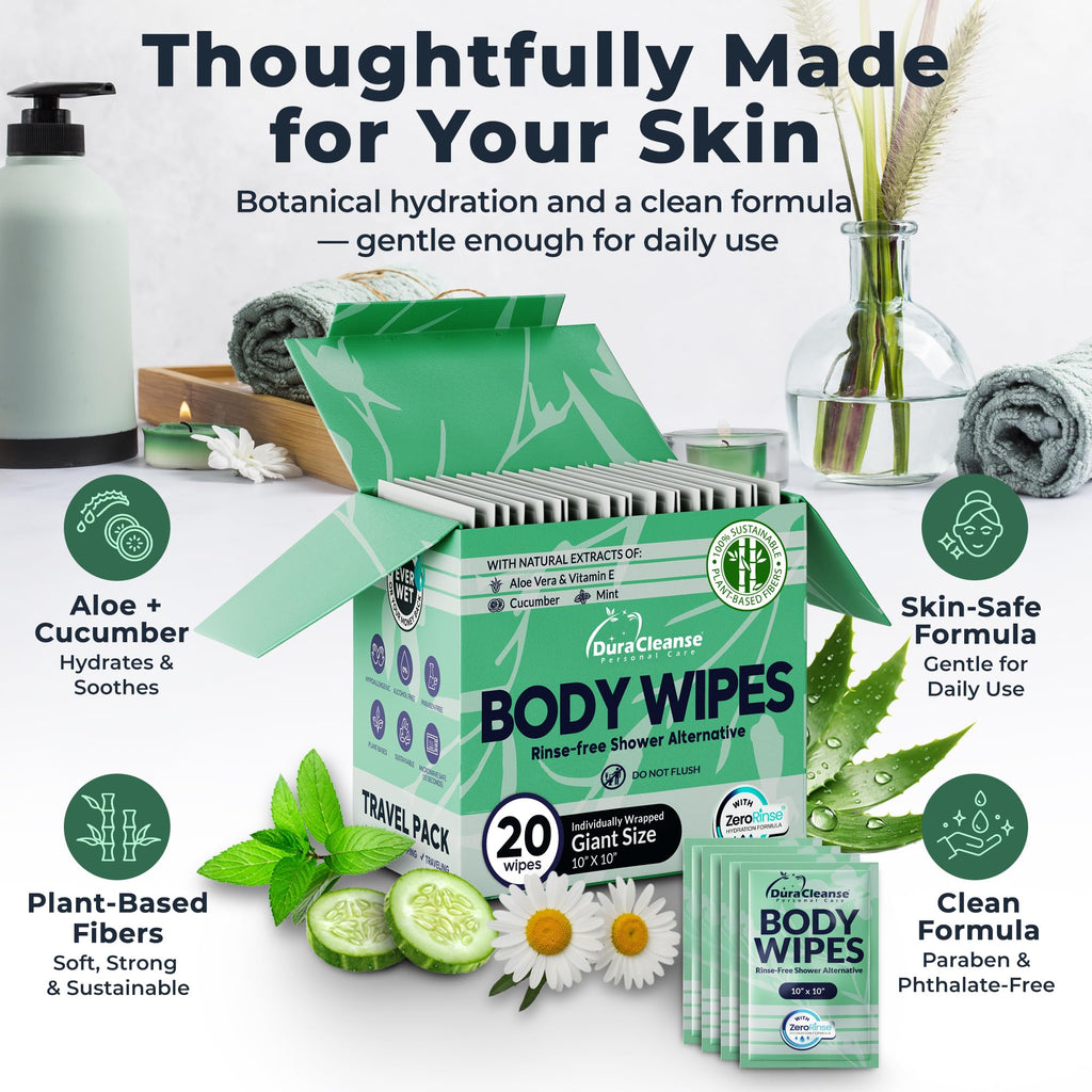 Travel Body Wipes for Women - 20 XL Shower Wipes for Adults Bathing No Rinse - Individually Wrapped 10”x10” Disposable Washcloths - Feminine Hygiene Essentials, Gym, Backpacking, Camping Must Haves