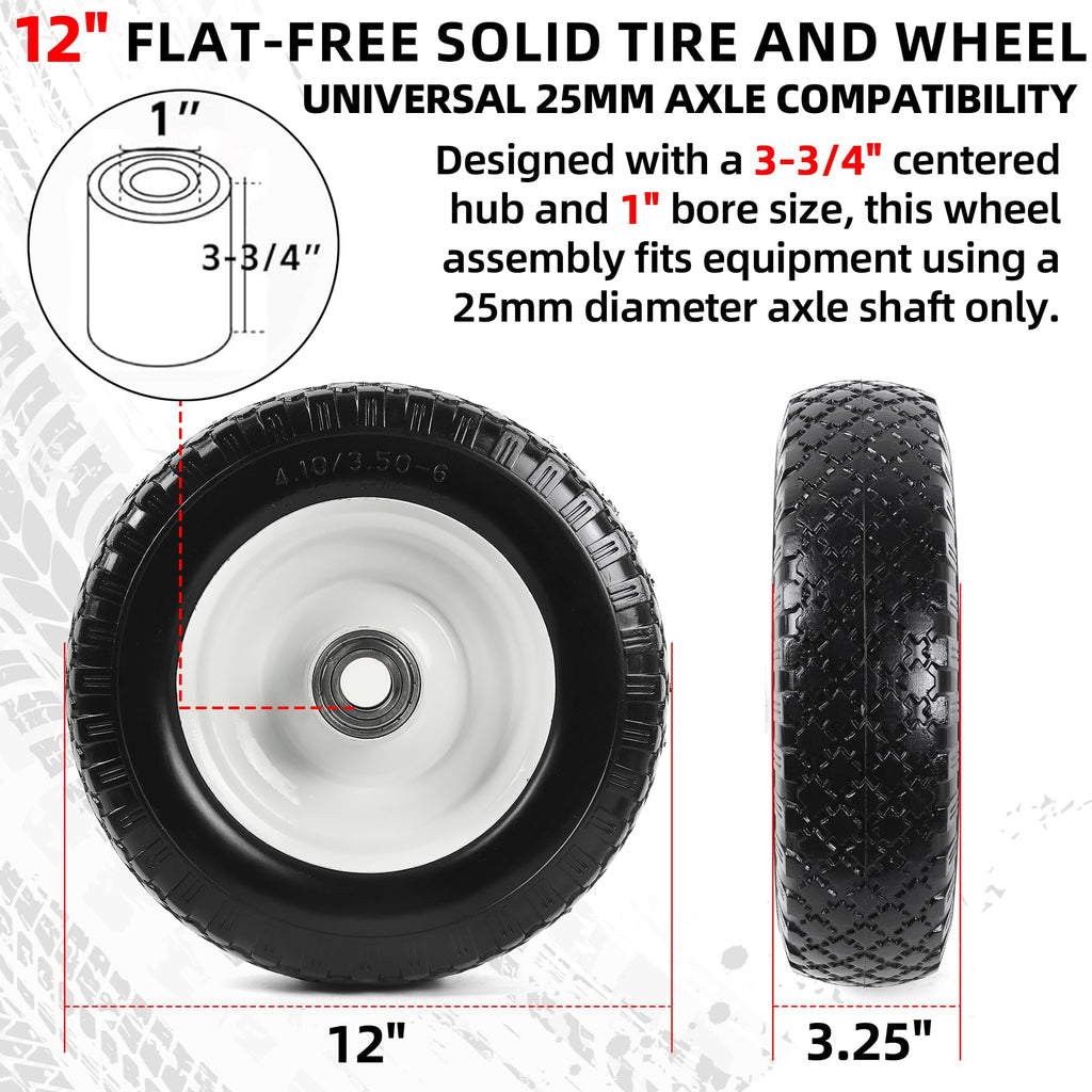 AR-PRO (2-Pack) 12" Flat-Free Solid Tire and Wheel, with 3-3/4" Centered Hub & 1" Bore, Fits 25mm Axle Shaft, Replacement Heavy-Duty Trailer Dolly & Utility Cart Wheel Set