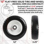 AR-PRO (2-Pack) 12" Flat-Free Solid Tire and Wheel, with 3-3/4" Centered Hub & 1" Bore, Fits 25mm Axle Shaft, Replacement Heavy-Duty Trailer Dolly & Utility Cart Wheel Set