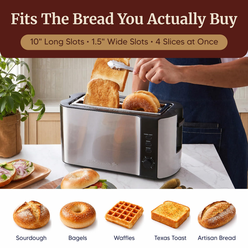 Elite Gourmet ECT-3100 4-Slice Long Slot Toaster | Extra Wide Slots for Bagels, Sourdough & Texas Toast | 6 Browning Settings | Reheat, Defrost & Cancel | Built-In Warming Rack | Stainless Steel