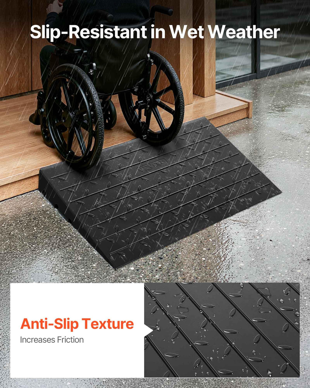 VEVOR 2.5" Rise Rubber Threshold Ramp, 3 Channels Cord Cover Door Ramp, No-Slip Surface, 2200 Lbs Load Capacity Rubber Ramp for for Home Doorways Driveways Curb Home Steps, 41.8" L x 24" W x 2.5" H
