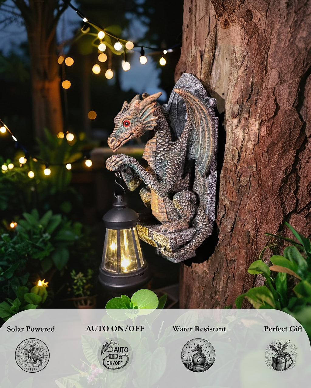 Dragon Statue Solar Lantern for Garden Décor, Dragons Figurine Night Light, 10”Outdoor Decorative Lamp, Mountable on Trees/Walls/Fences. Birthday/Housewarming Gifts for Dragon Fans (Antique Bronze)