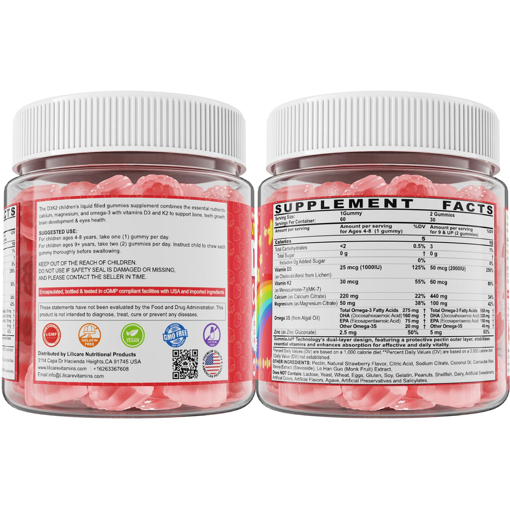 Vitamin D3 K2 + Calcium Liquid-filled Gummies for Kids & Teens, 1000IU/2000IU D3 with Magnesium, Algal Omega 3, Vitamin for Kids for Bones & Teeth, Calcium Absorption, Brain, Immunity,Sugar-Free,2Pack