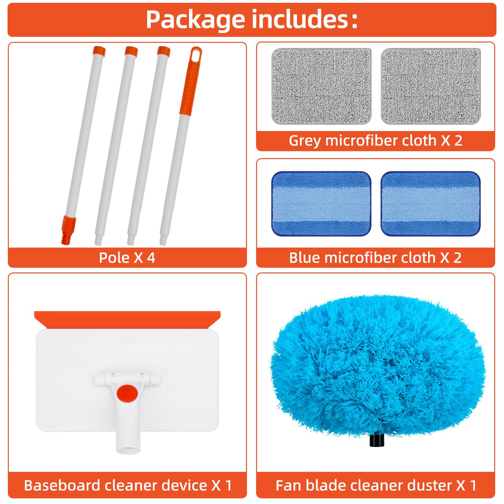 Baseboard Cleaner Tool with Handle, Extendable Long Handle Baseboard Cleaning Duster with Reusable Pads for Floorboard, Ceiling Fan Blade Cleaner Duster (Blue)