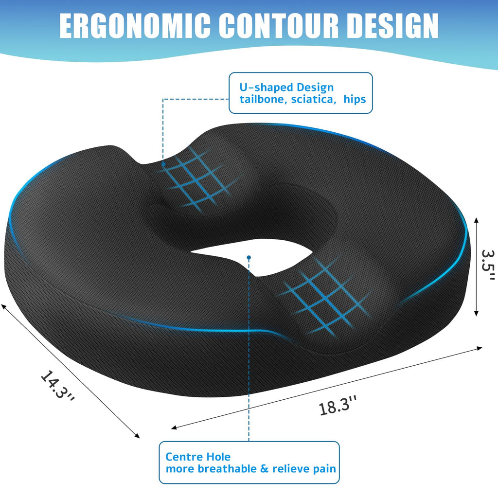 BlissTrends Donut Pillow Seat Cushion, Donut Chair Cushions for Postpartum Pregnancy & Hemorrhoids, Tailbone Pain Relief Cushion, Memory Foam Lifting Cushions for Office & home Chairs (Black, X-Large)