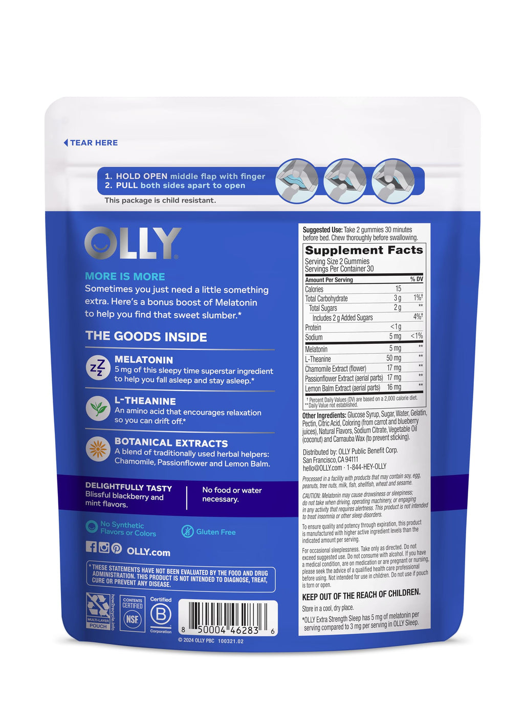 OLLY Extra Strength Sleep, 5 mg Melatonin L-Theanine, Chamomile and Botanicals - 60ct Pouch