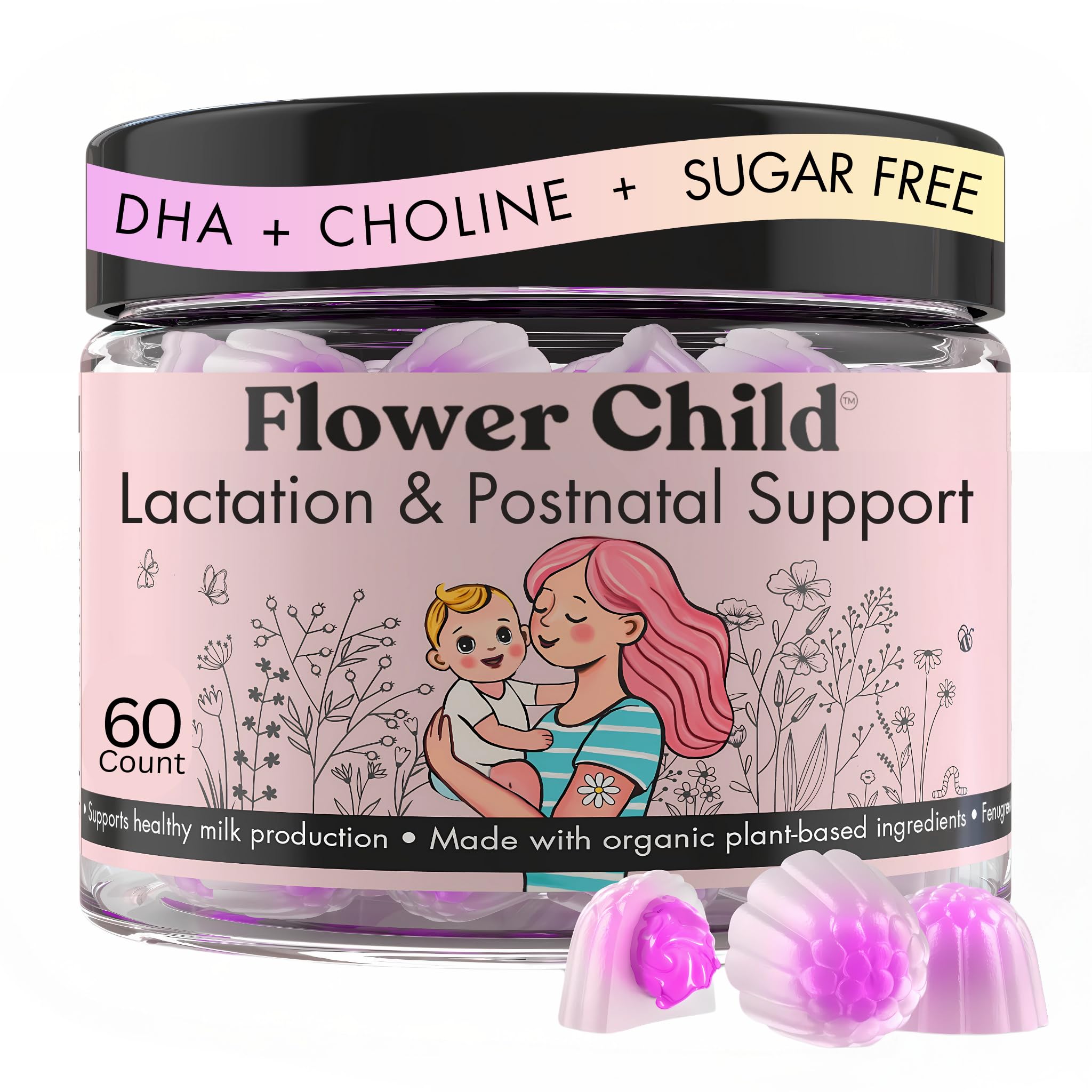 Flower Child Breastfeeding Gummies for Milk Production with Organic Moringa, Milk Thistle, Choline & DHA, Lactation Supplement Postnatal Recovery Vitamins, Fenugreek Free, Vegan, 60 Count