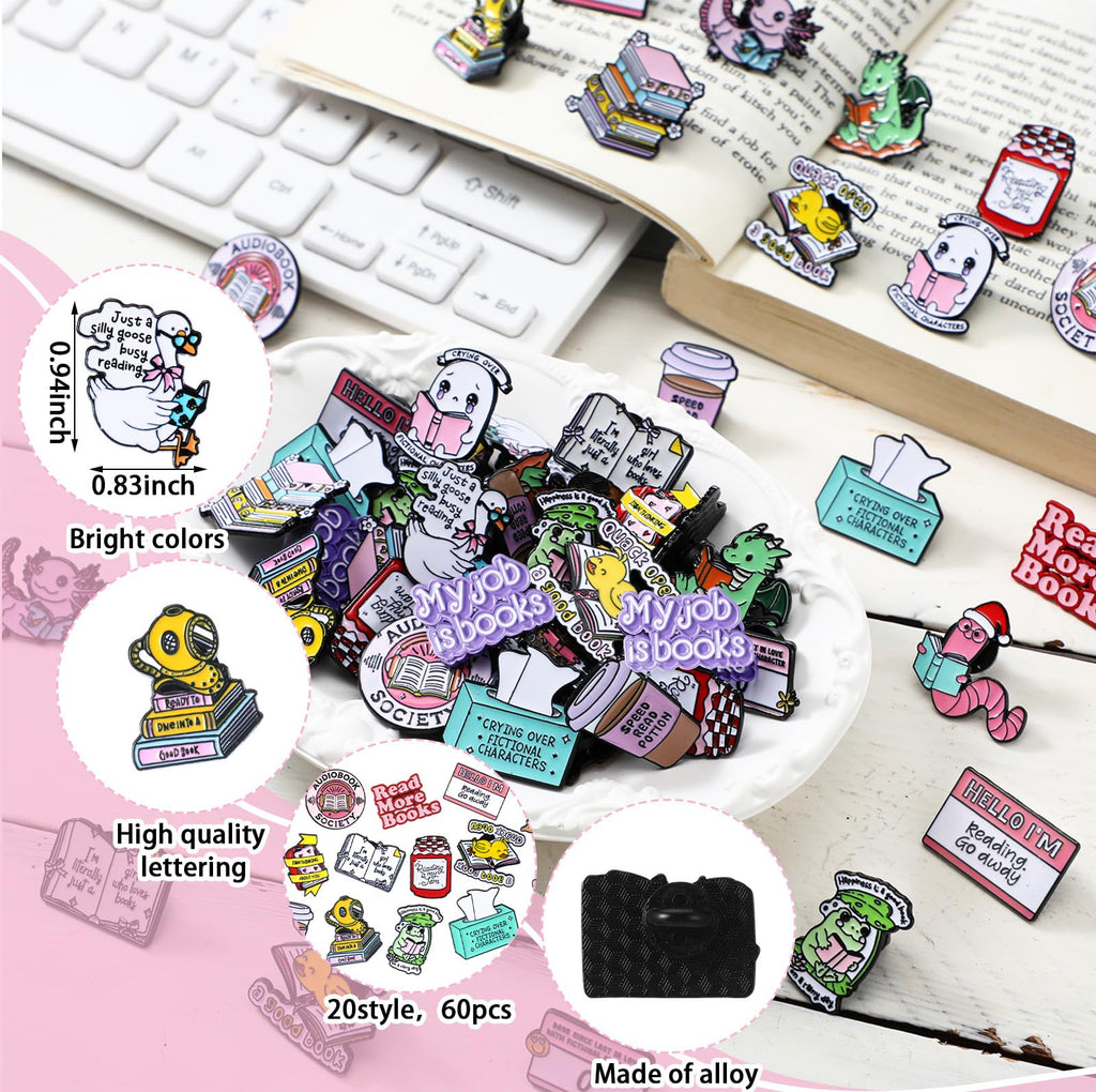 Landical 60 Pcs Book Enamel Pins for Backpacks Christmas Bookish Book Lovers Club Gifts Bulk Cute Bookworm Lapel Pins Frog Dinosaur Duck Badge Brooch for Hats Bags Lanyards Clothing