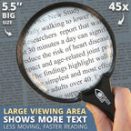 Large Magnifying Glass with LED Light (USB Rechargeable) and Hard Case, Handheld Illuminated Big Magnifier Loupe for Jewelry, Reading, Coins, Low Vision, Close Work