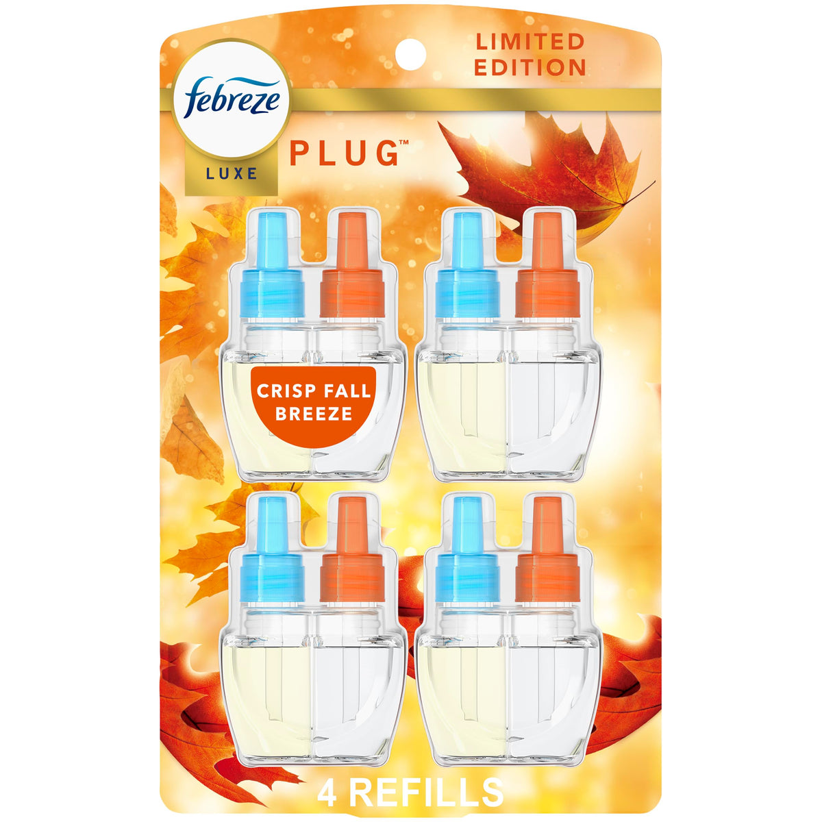 Febreze Odor-Fighting Plug in Air Freshener, Scented Oil Refill, Crisp Fall Breeze Scent, 4 Refills