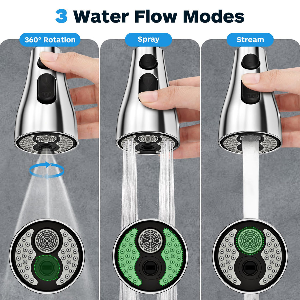 Kitchen Faucet Head Replacement 3 Modes with 12 Adapters, Pull Down Spray Head for Kitchen Faucet, Kitchen Sink Faucet Head G 1/2, Sprayer Head Replacement, Chrome