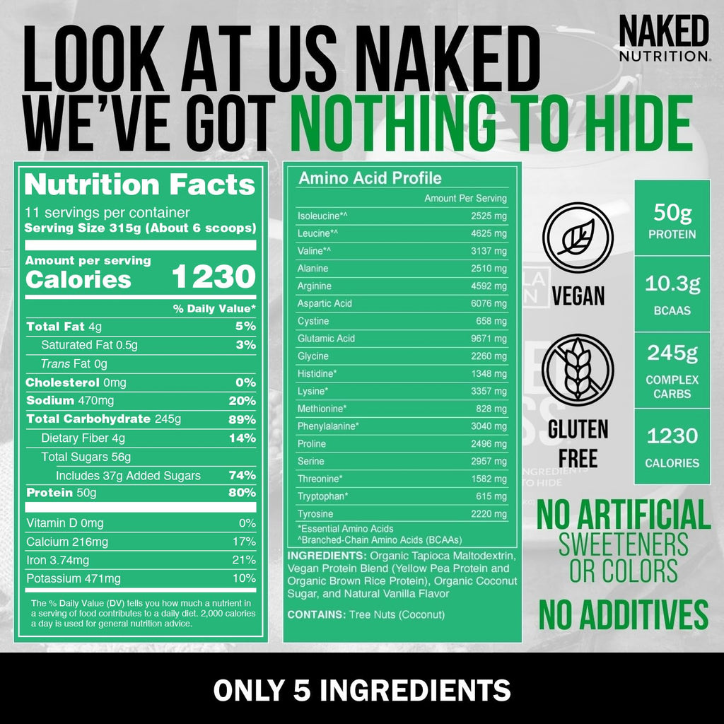 NAKED Vegan Mass - Vanilla Vegan Weight Gainer - 1,230 Calories, NSF Certified, Non-GMO, Soy & Gluten Free, No Artificial Ingredients - 8LB Bulk - 11 Servings