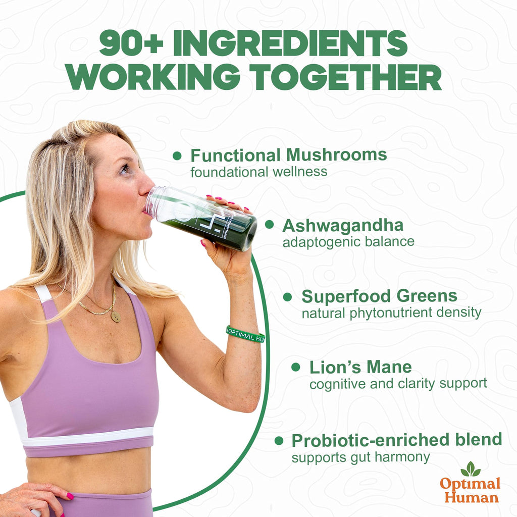 Optimal Human Superfood Greens Powder – 90+ Ingredient Blend with Lion’s Mane Supplement, Ashwagandha & Turmeric – Non-GMO, Soy-Free, Mushroom Supplements – 20 Sachets