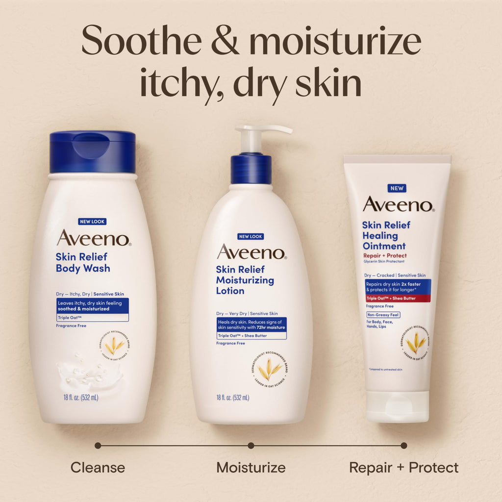 Aveeno Skin Relief Moisturizing Lotion Heals Very Dry, Sensitive Skin, Fast-Absorbing Body Lotion with Triple Oat & Shea Butter, Fragrance Free, Non-Comedogenic, Value Size, 33 fl. oz