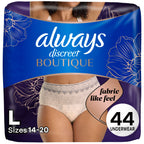 Always Discreet Boutique Incontinence and Postpartum Underwear for Women, Maximum Protection, Large, Rosy, 44 Count (2 Packs of 22)