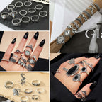 17IF 60 PCS Vintage Silver Goth Ring Set for Women, Punk Boho Chunky Knuckle Stackable Finger Ring Pack Aesthetic Grunge Adjustable Retro Stone Opal Crystal Cat Snake Flower Gothic Rings