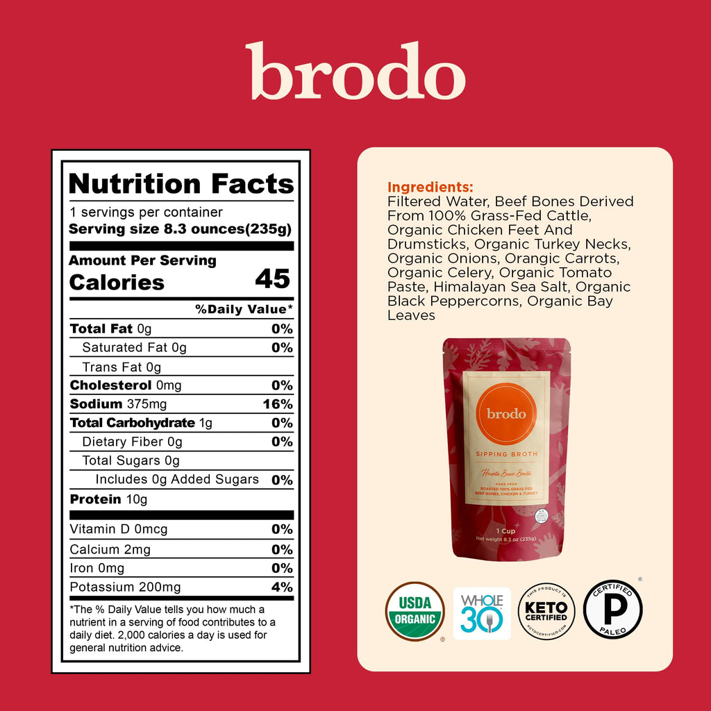 Brodo Broth Variety Pack | 1 Chicken, 1 Hearth, 1 Deeply Rooted, 1 Spicy Nonna, 1 Tom Yum, 1 Tuscan Sun Single Serving Pouches | Not Made From Concentrate, No Preservatives (6x 8.3 oz Pouches)