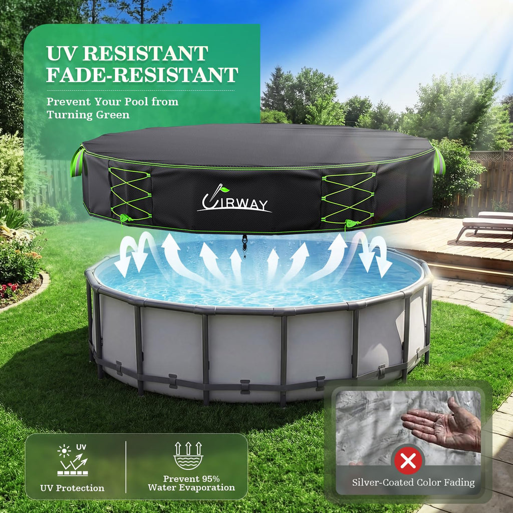 Uirway 600D Heavy duty 15ft Round Pool Covers For Above Ground Pools, Solar Pool Cover Windproof Ratchet Locking System & Reflective Drawstring, Weatherproof Hard Pool Covers UV Protection with Straps