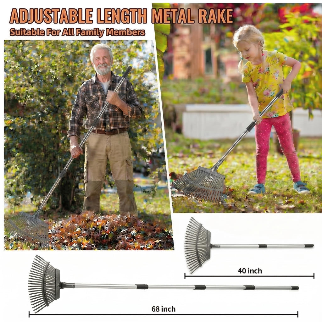 Metal Bow Leaf Rake with 25 Steel Teeth & 68" Stainless Steel Handle