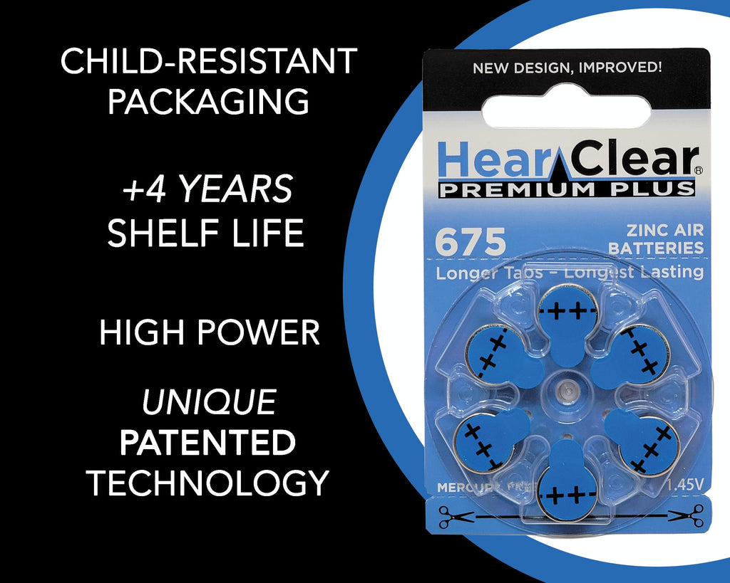 Hear Clear Size 675 PR44 Hearing Aid Batteries Blue Tab (60 Batteries) + Battery Holder Keychain