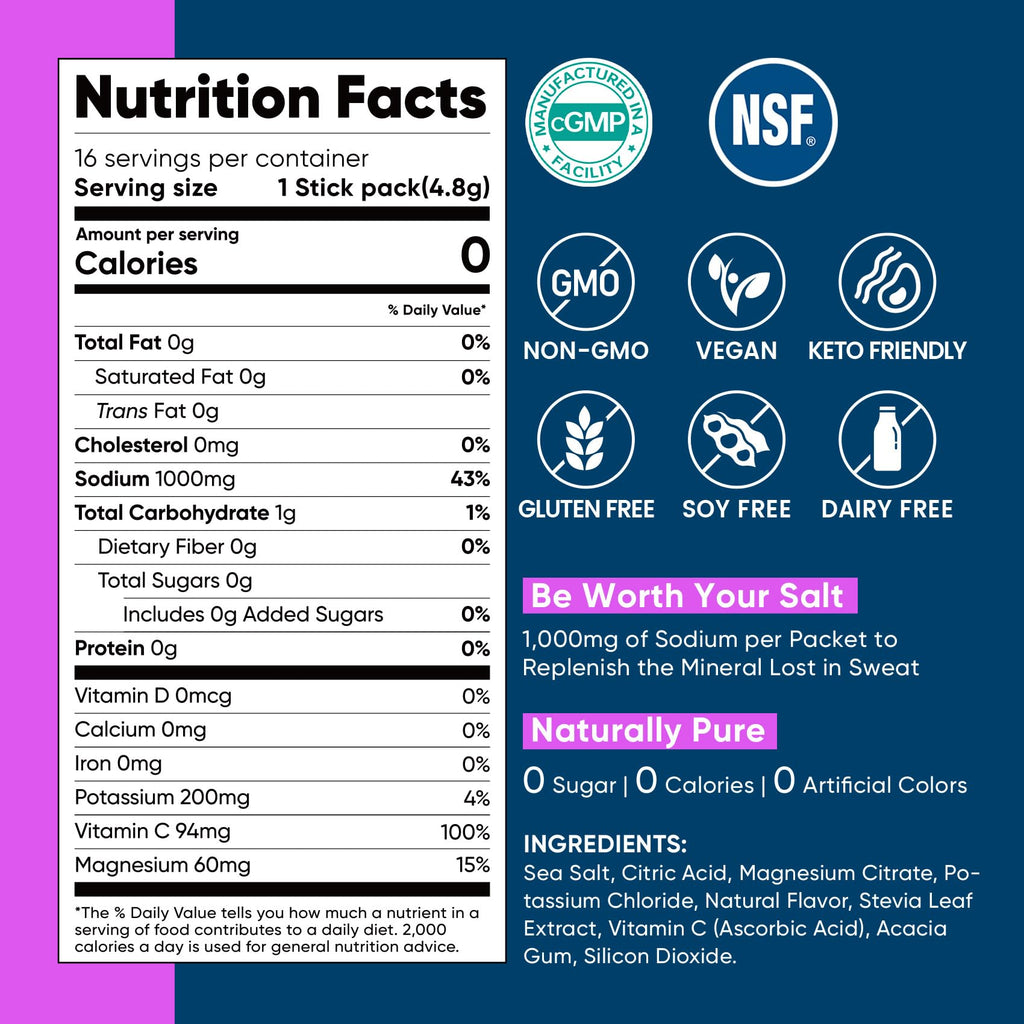 Venture Pal High Sodium Sugar-Free Electrolyte Powder Packets - Hydration Packets with Sodium, Potassium & Magnesium | Zero Calories | Vegan, Keto, and Paleo Friendly | 30 Sticks