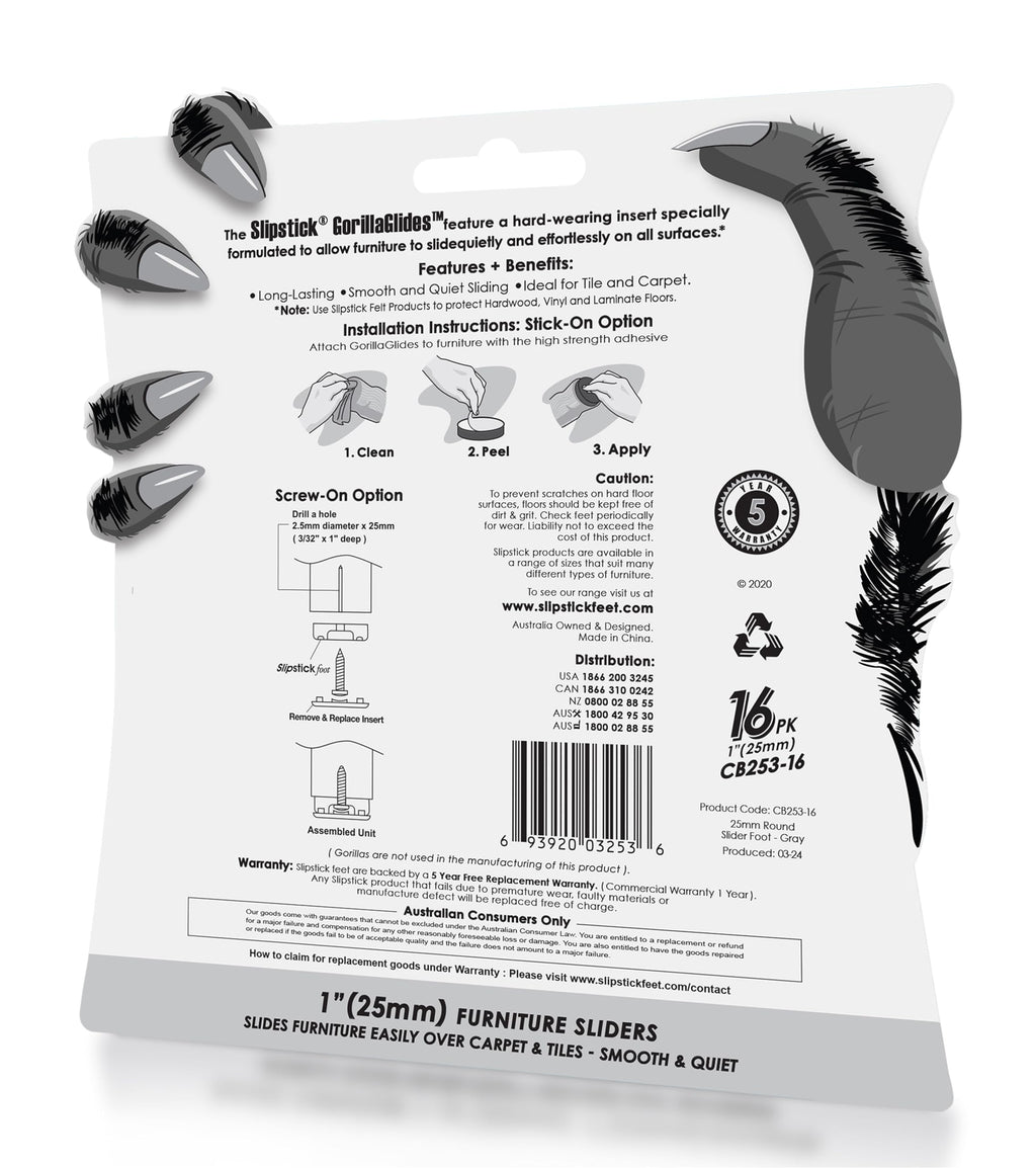 GorillaGlides 1 Inch Chair Sliders/Furniture Floor Protectors (16 Furniture Glides) Self-Adhesive Screw On Chair Glides for Sliding on Low-Pile Carpet & Hard Surface Floors, Round