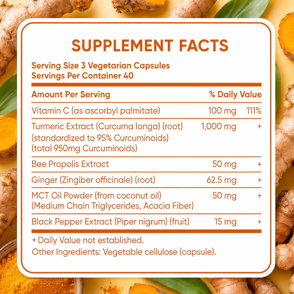 Elm & Herb Pure Turmeric Curcumin 95, Turmeric Curcumin Supplement with Black Pepper, Bee Propolis, Ginger, Fat Soluble Vitamin C (2)