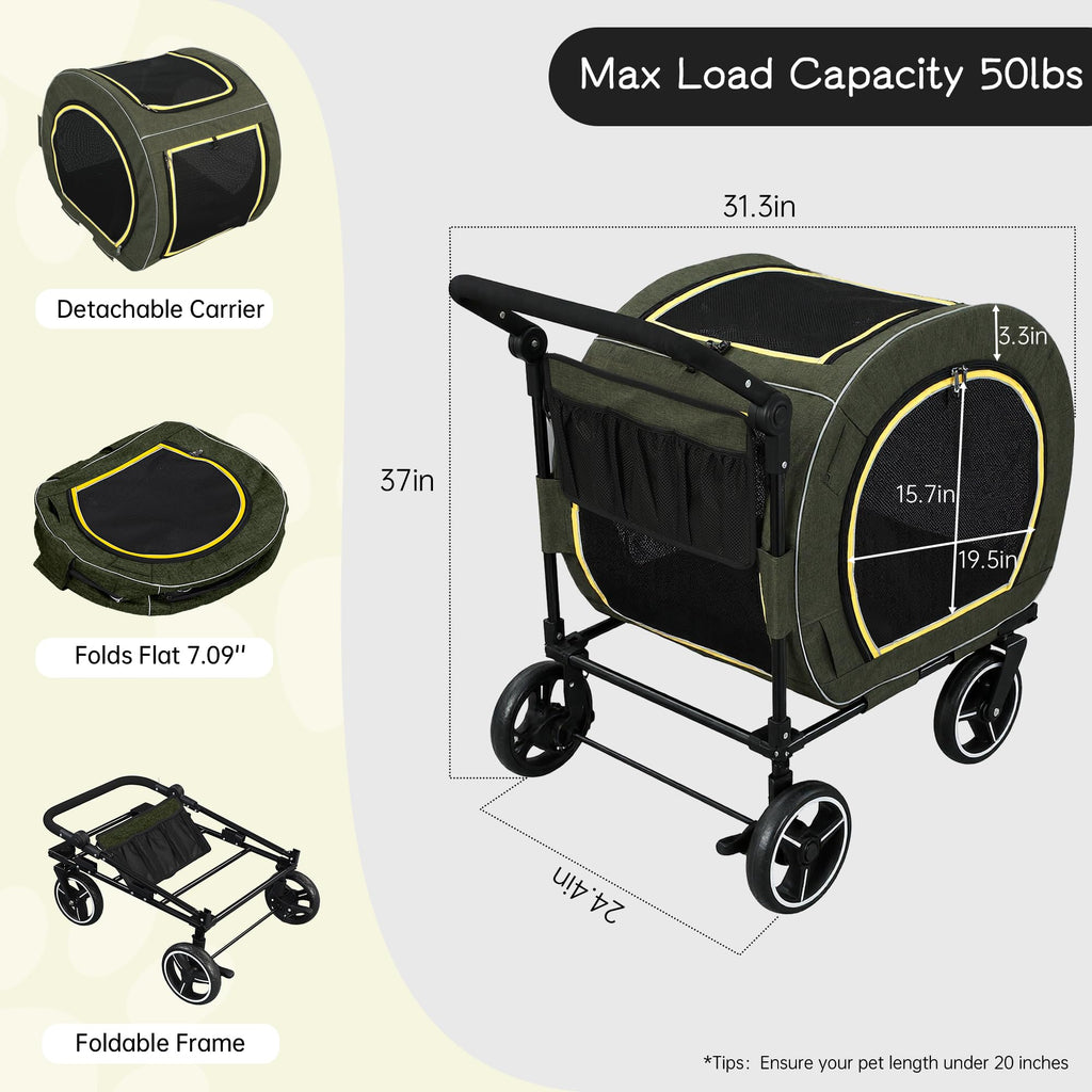 Saudism Pet Stroller for Dogs Cats up to 50 lbs, Foldable Dog Stroller with 360° Swivel Wheels, Detachable Carrier, Adjustable Handle, Travel Dog Stroller for Small Medium Large Pets, Green