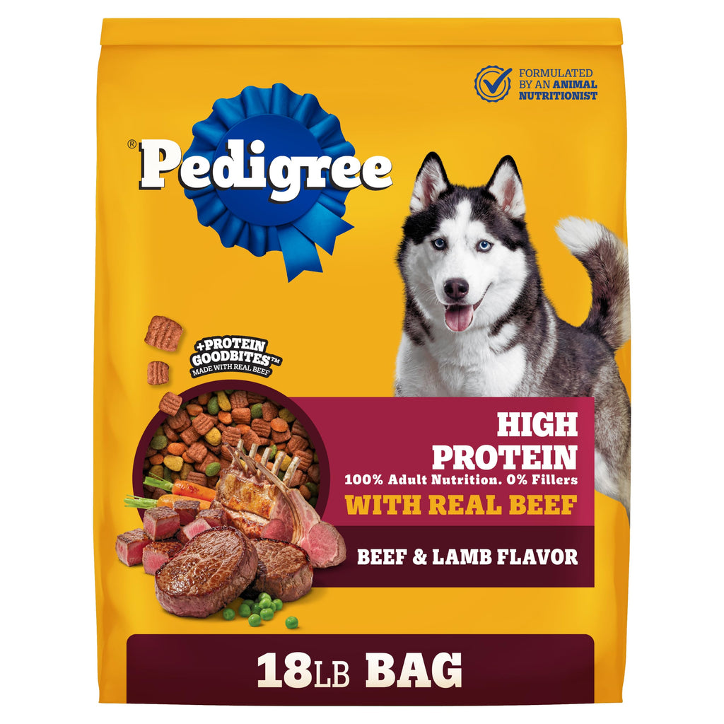 Pedigree High Protein Adult Dry Dog Food, Beef and Lamb, 18 lb