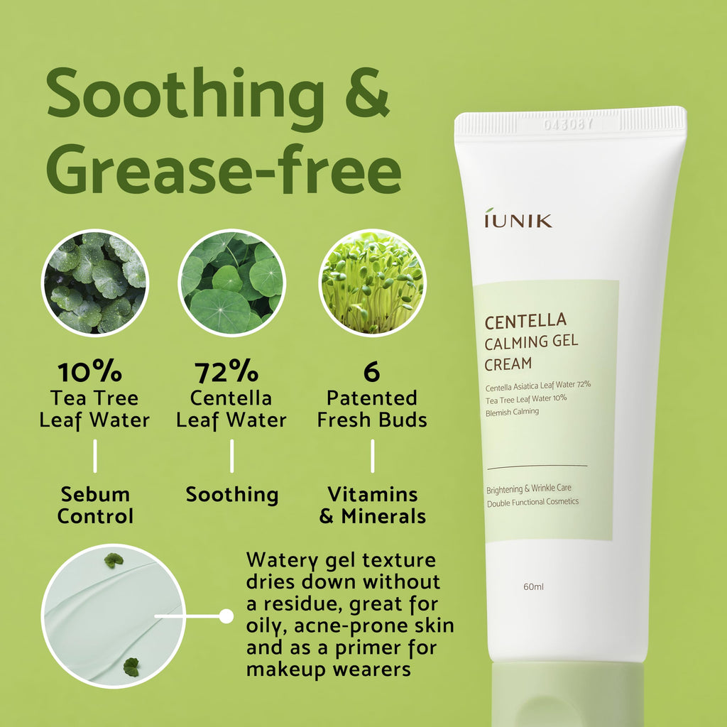 IUNIK Centella 70% Calming Gel Cream Vegan Non-Sticky Moisturizing Blemish Care w/Centella Asiatica Tea Tree 10% Soothes Acne Rosacea Oily & Sensitive Skin Korean Skincare BOGO 1+1