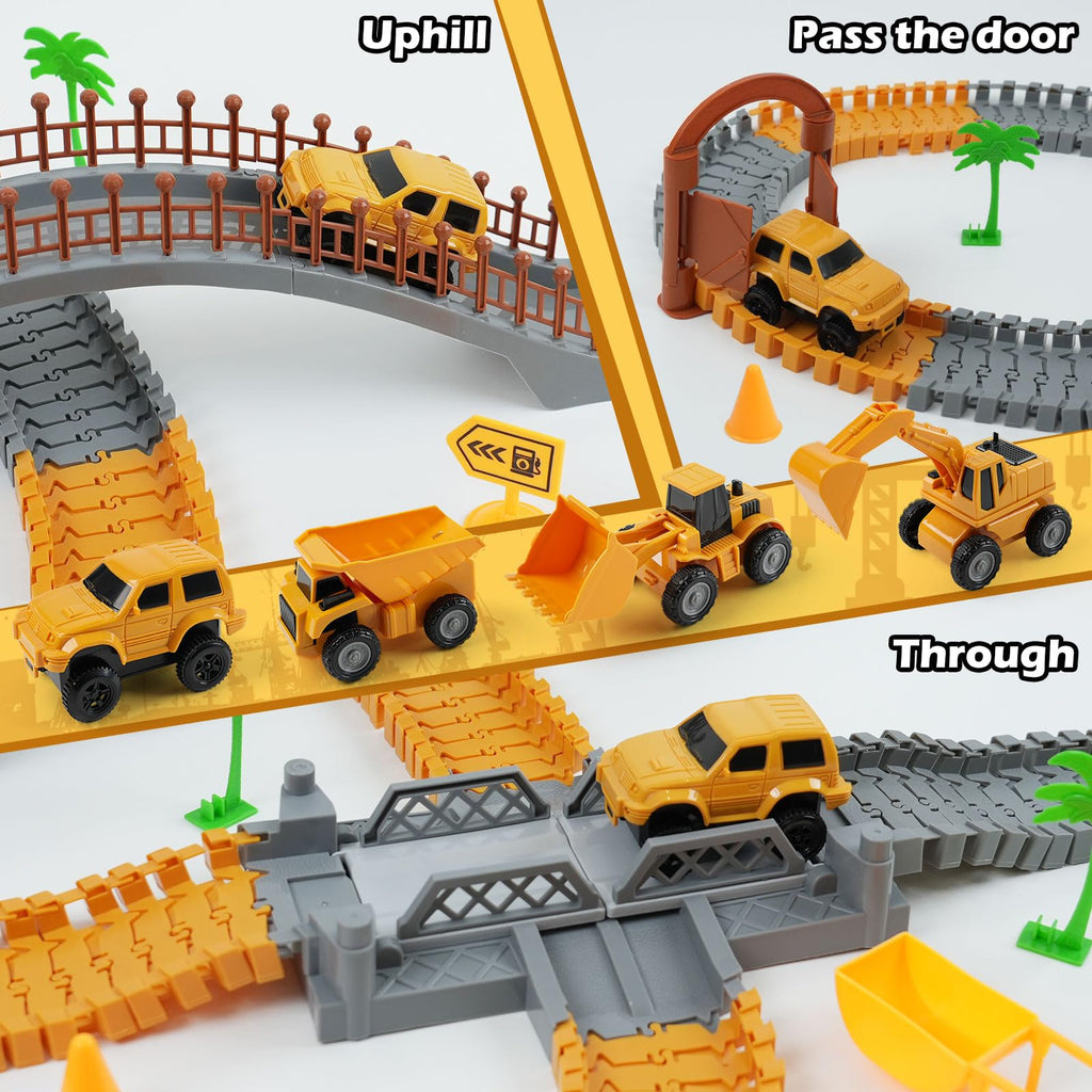 TGJH Construction Race Car Track Set for Kids - Flexible Engineering Toys with 2 Electric Cars, Birthday Gift for 3 4 5 6 7 Year Old Boys, DIY Road Games Playset with 220+ PCS