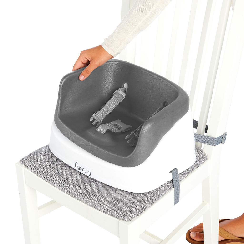 Ingenuity SmartClean Toddler Booster Seat for Kitchen Chair – Lightweight for on-the-go, Easy-Clean, 3-Point Harness Strap – Booster Seat for Dining Table, Slate