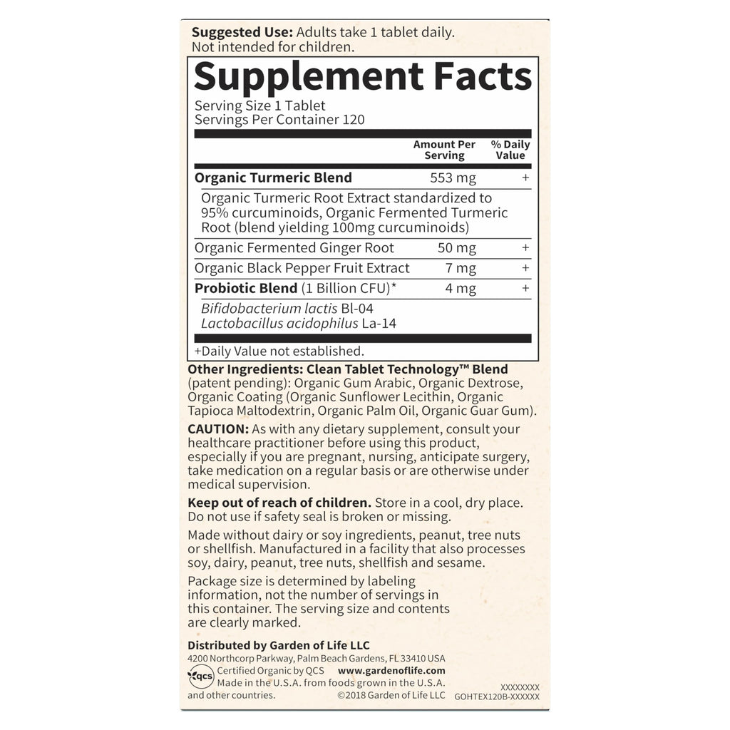 Garden of Life Organics Extra Strength Turmeric Inflammatory Response 120 Tablets-100Mg Curcumin (95% Curcuminoids) Black Pepper, Probiotics, Organic Non-GMO Vegan Gluten Free Herbal Supplement