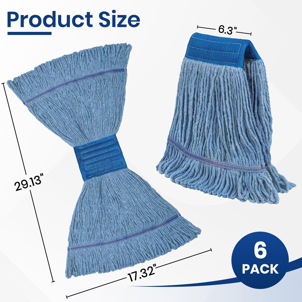 Commercial Mop Head Refills 6 Pack, Heavy Duty Cotton Loop End Mop Heads for Industrial Floor Cleaning, Super Absorbent String Mop Replacements for Restaurant, Garage, Warehouse (16oz)