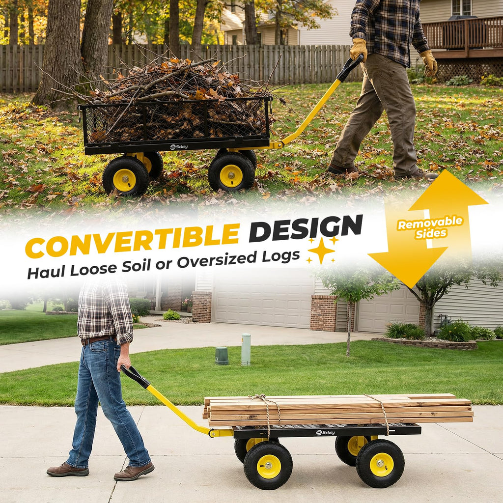 Sekey 1000lbs Heavy Duty Steel Garden Cart for Yard & Farm, Utility Wagon with Removable Sides (Convert to Flatbed), 10" Rubber Tires, Black