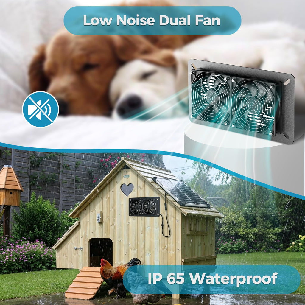 Solar Fan Kit for Chicken Coop - Two IP65 Waterproof 5" Solar Powered Fans - Outdoor Exhaust Intake Ventilation Fan for Outside Shed Greenhouse Attic Pet House - Strong Airflow Without Battery