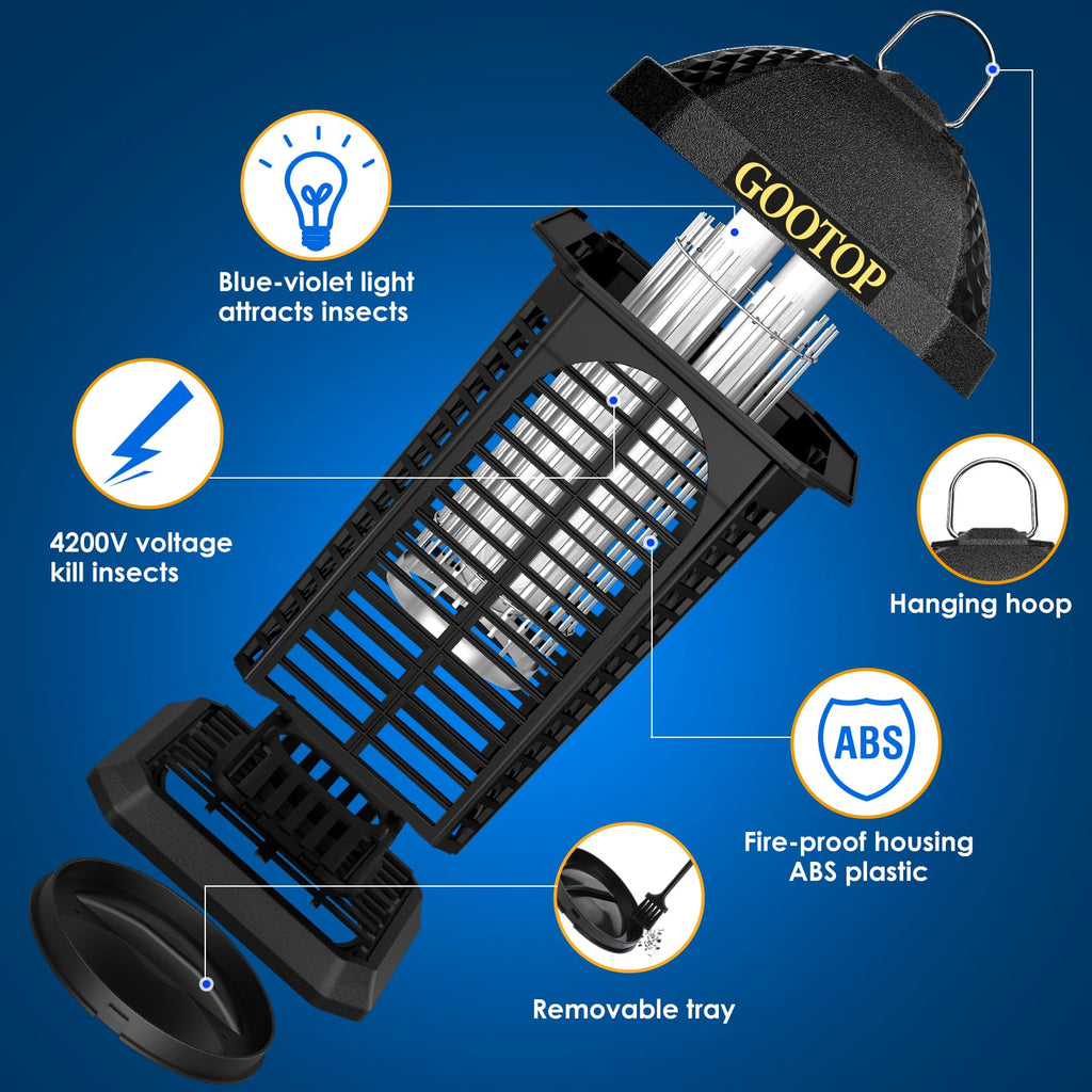 Bug Zapper Outdoor, 4200V Electric Mosquito Zapper, Bug Zapper Outdoor, Fly Traps, Fly Zapper, Mosquito Killer Indoor 3 Prong Plug, 90-130V, ABS Plastic Outer